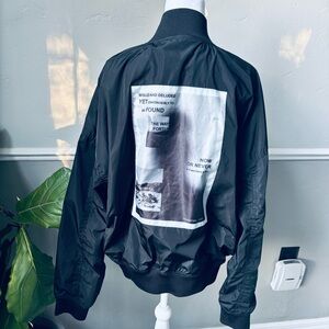 Mango Man Black Bomber Jacket with Graphic Print